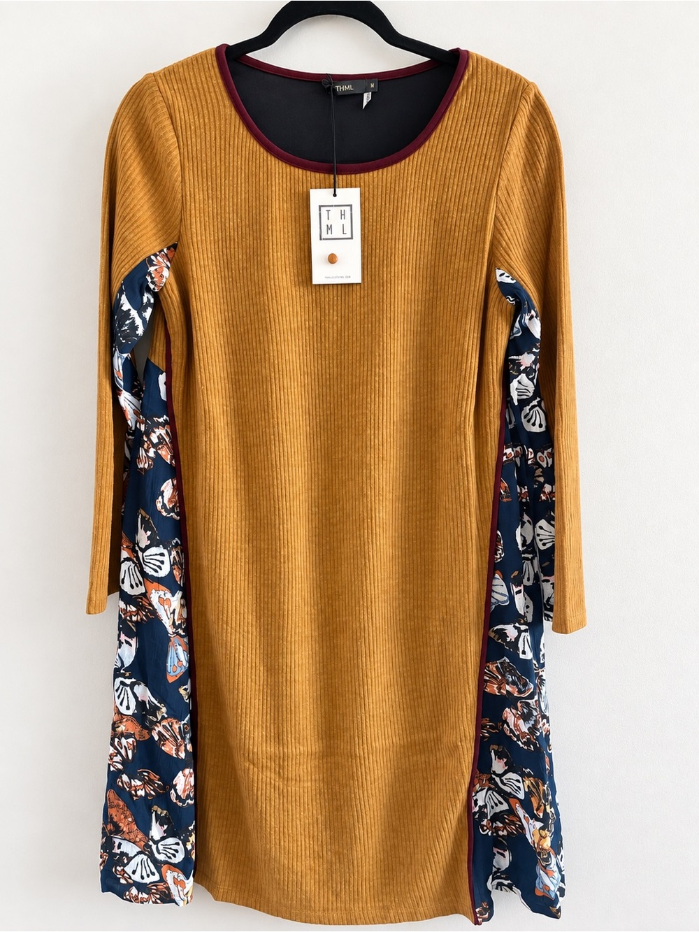 THML Mustard Ribbed Dress with Navy Floral Side Panels and Burgundy Trim